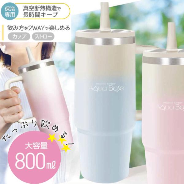 タンブラー 大容量 800ml アクアブルー 真空断熱 ストロー付き 蓋付き