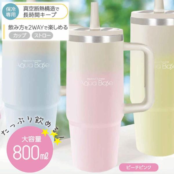 タンブラー 大容量 800ml ピーチピンク 真空断熱 ストロー付き 蓋付き