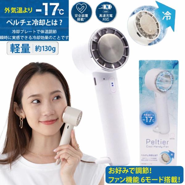 冷却ハンディファン 【 ホワイト 】 ペルチェ 冷却 ハンディ扇風機 冷却プレート 携帯扇風機 6段階風量 軽量130g USB充電 卓上 ネックファン 暑さ対策 瞬間 夏