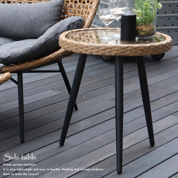 ヴィンテージ ラタン丸型ガラステーブル サイドテーブル 昭和レトロ