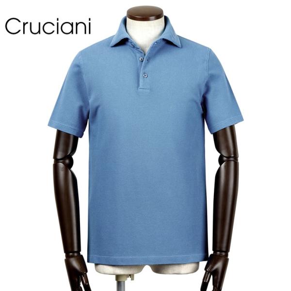 【SALE／返品・交換不可】クルチアーニ Cruciani ／ 製品洗いコットン鬼鹿の子半袖ポロシャツ「JU1371」（スカイブルー）