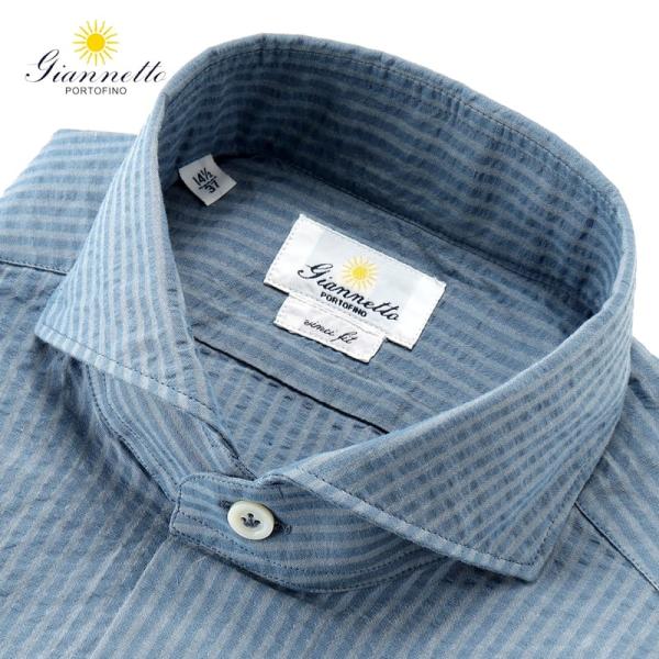 【SALE／返品・交換不可】ジャンネット Giannetto ／ 26SS 製品洗いコットンシアサッカーストライプホリゾンタルカラーシャツ「84（VINCI FIT）」