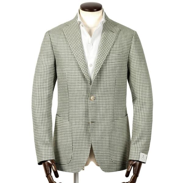【SALE】ルイジボレッリ LUIGI BORRELLI ／ 24SS ウールリネンサマーツイード千鳥格子3Bジャケット「PROCIDA」（モスグリーン×ホワイト）