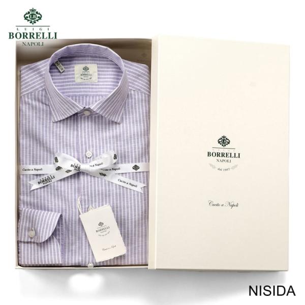 程度極上ルイジボレッリ リネンストライプシャツ ワンピースカラーNISHIDA 程度極上ルイジボレッリ リネンストライプシャツ ワンピース