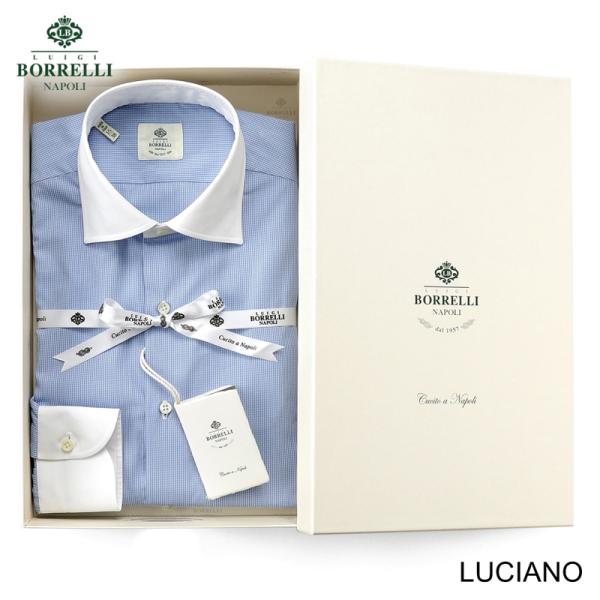 ルイジボレッリ LUIGI BORRELLI ／ 26SS コットンポプリンマイクロチェックセミワイドカラークレリックドレスシャツ「LUCIANO（SR441049）」（サックスブルー×