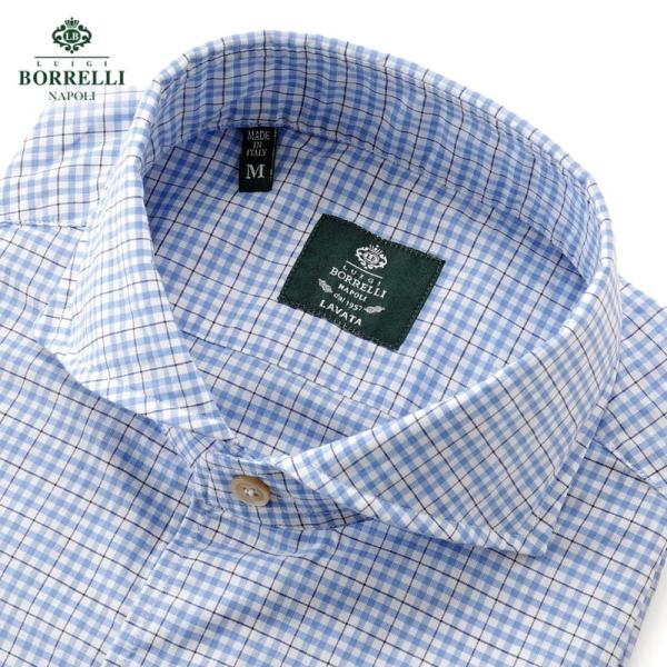 【SALE】ルイジボレッリ LUIGI BORRELLI ／ 26SS コットンポプリンチェックホリゾンタルカラーカジュアルシャツ「NA35（LT11014）」（ブルー基調）