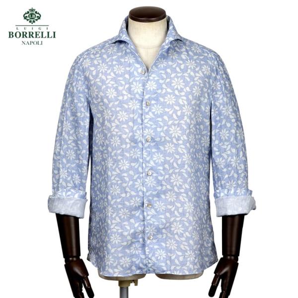 【SALE】ルイジボレッリ LUIGI BORRELLI ／ 26SS リネンポプリン花柄プリントイタリアンカラーカジュアルシャツ「VESUVIO-EX（LT11021）」（ブルー×ホワイト）