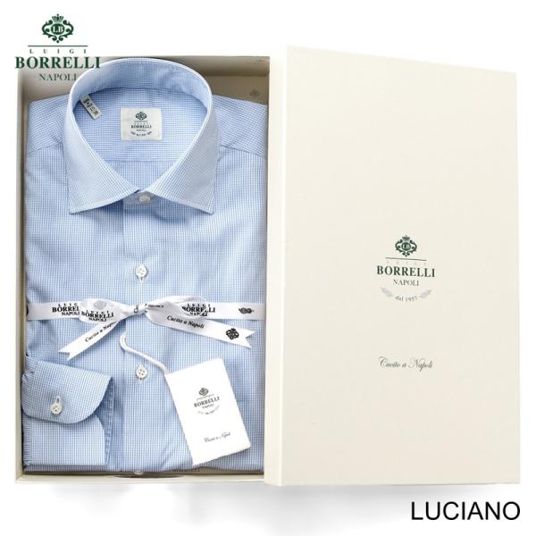 ルイジボレッリ LUIGI BORRELLI ／ 26-27AW コットンポプリンマイクロチェックセミワイドカラードレスシャツ「LUCIANO（SR441145）」（サックスブルー×ホワイト