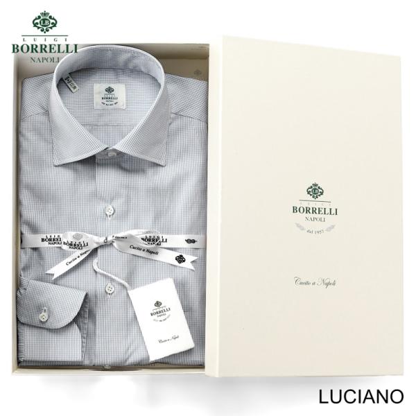 ルイジボレッリ LUIGI BORRELLI ／ 26-27AW コットンポプリンマイクロチェックセミワイドカラードレスシャツ「LUCIANO（SR441145）」（ライトグレー×ホワイト）