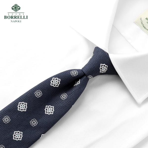 【SALE】ルイジボレッリ LUIGI BORRELLI ／ 26SS シルクジャカード小紋柄ネクタイ「458074」（ネイビー×ホワイト×サックスブルー）