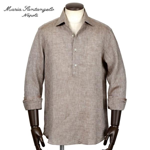 【SALE／返品・交換不可】マリアサンタンジェロ Maria Santangelo ／ Carlo Bassettiリネンポプリンワンピースカラープルオーバーシャツ「POLO JP」（ブラウン）
