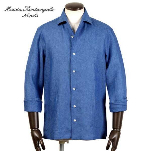 【SALE／返品・交換不可】マリアサンタンジェロ Maria Santangelo ／ 当店別注Carlo Bassettiリネンポプリンイタリアンカラーシャツ「MARCELLO」（ブルー）