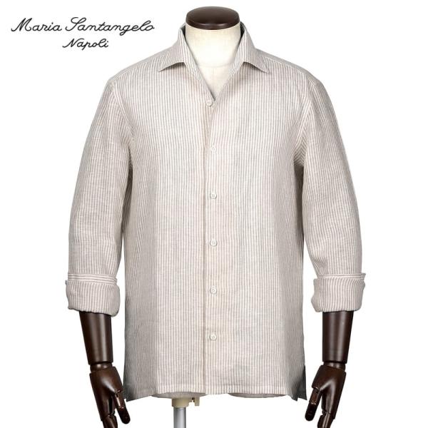 【SALE／返品・交換不可】マリアサンタンジェロ Maria Santangelo ／ 当店別注Carlo Bassettiリネンポプリンストライプイタリアンカラーシャツ「MARCELLO」