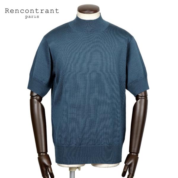 【SALE／返品・交換不可】レンコントラント Rencontrant ／ 最高級マルベリーシルク12ゲージ半袖モックネックニット「10113」（ネイビーブルー）