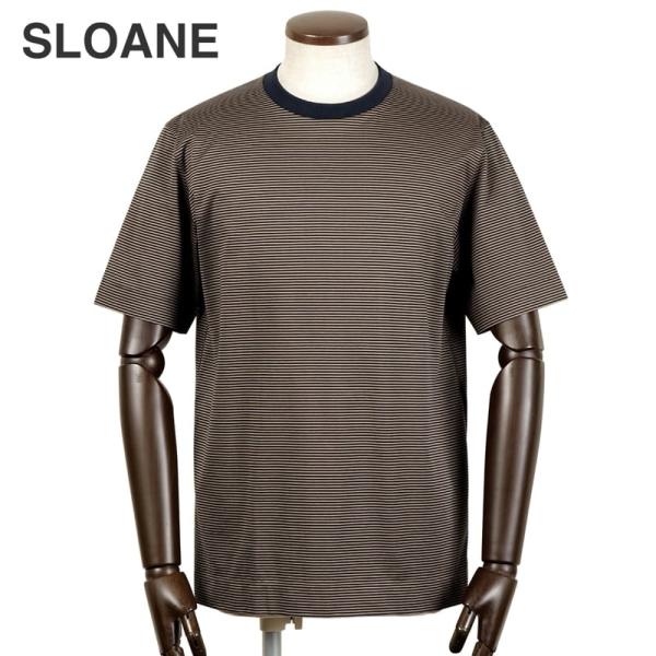 【SALE／返品・交換不可】スローン SLOANE ／ 60番手双糸コットンシルケットテンジクボーダー半袖クルーネックカットソー「T1142」（ネイビー×ベージュ）