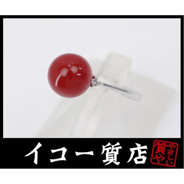 K18wg サンゴ9 4mm珠 ダイヤ ファッションリング 号 中古 セットアップ