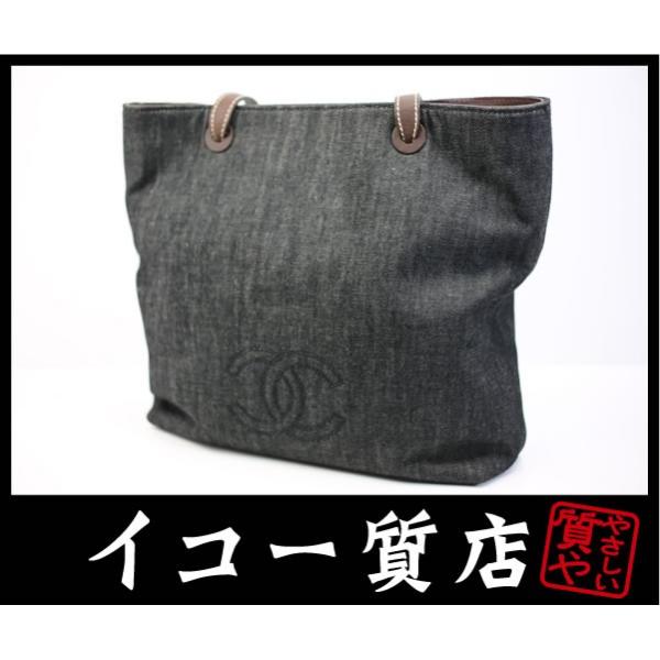 シャネル 授与 デニムトートバッグ デニムキャンバス レザー ブラック ダークブラウン 中古