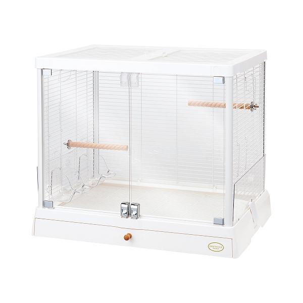 かわいい姿がよく見える強化ガラス両面扉を使用した鳥用ケージです。本体サイズ(mm)    W650xD510xH555セット内容 本体、とまり木２本、エサ入れ、水入れ、飛散防止パネル