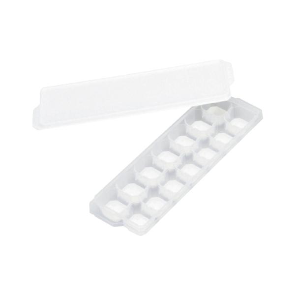 底面が押せる。氷の取り出しラクラク。●サイズ／8×26.5×4cm●材質／トレー上部：ポリプロピレン（耐熱温度100度・耐冷温度?20度）、トレー下部：熱可塑性エラストマー（耐熱温度50度・耐冷温度?20度）、ふた：ポリエチレン（耐熱温度5...