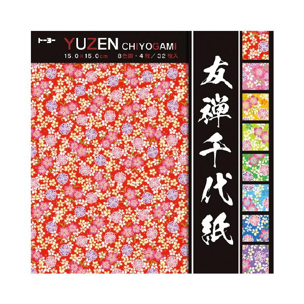 上質紙に花を散りばめた和柄の千代紙！7.5cm●内容／（1）8色調128枚（2）8色調32枚、共通：折り方説明書●坪量／64g/平方メートル●紙厚／0.08mm