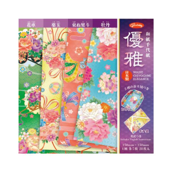 日本の伝統的な柄の千代紙和紙●内容／4種28枚、折り図●サイズ／15cm角●坪量／70g/平方メートル●紙厚／約0.12mm