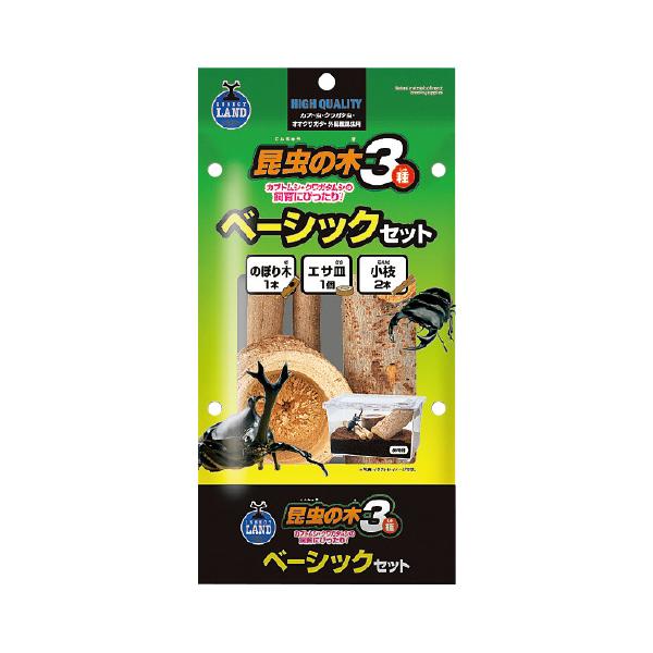 カブトムシ・クワガタムシの飼育の始めにあると便利なセット●内容／のぼり木1本、エサ皿1個、小枝2本●パッケージサイズ／W130×D60×H270mm