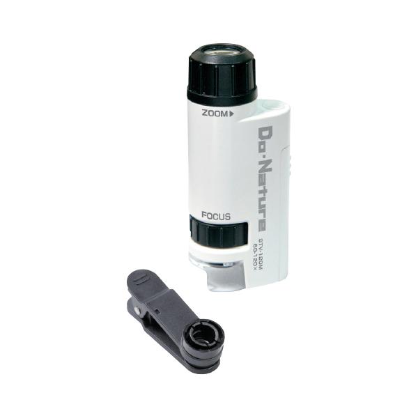 ミクロの世界をスマホで撮れるハンディ顕微鏡。●サイズ／37×26×88mm●重量／約30g（電池含まず）●倍率／60 〜120倍●電源／単4形アルカリ乾電池1本（別売）●付属品／スマホアダプター