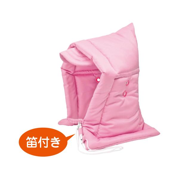 【 ピンク】 ツバ付きなので顔を保護します。●サイズ／270×60×400mm●材質／表生地・裏生地：ポリエステル（防炎加工）、中綿：難燃ポリエステル、笛：アルミ●付属品／笛