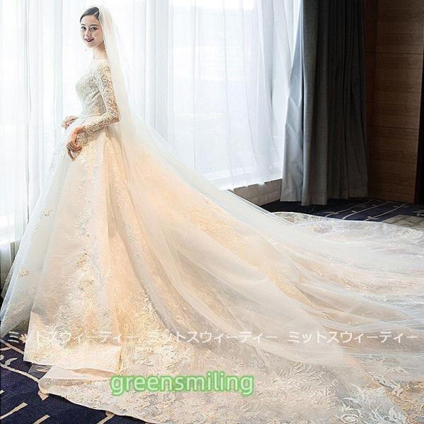 ウェディングドレス 花嫁 二次会 ウエディングドレス 結婚式 ロングドレス プリンセスライン レース 長袖 挙式 披露宴 華やか ブライダル 編み上げ
