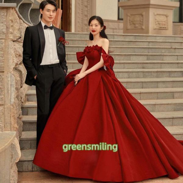 カラードレス ロングドレス ワインレッド オフショルダー リボン 赤