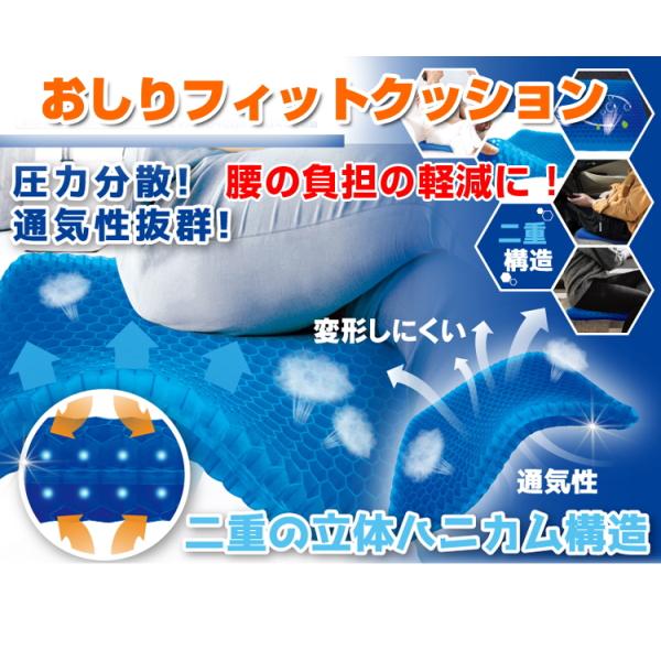 無重力のような座り心地。長時間使っても疲れない！・変形しにくい高弾性ゲル・二重の立体ハニカム構造で通気性バツグン・滑り止め加工を施したメッシュカバー付き・クッション本体、カバーともに水洗い可能本体サイズ：約幅420×高さ360×奥行き35m...