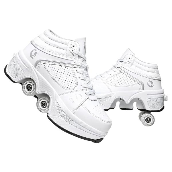 【見えないデザインの変形した靴】ユニークなデザインの見えないボタンは、誤って開くのを防ぎます。靴の裏側にボタンがあります。ボタンを押してホイールを開きます。ボタンを押したまま、ホイールを床に押し込んでから放します。【2-in-1変形パルクー...