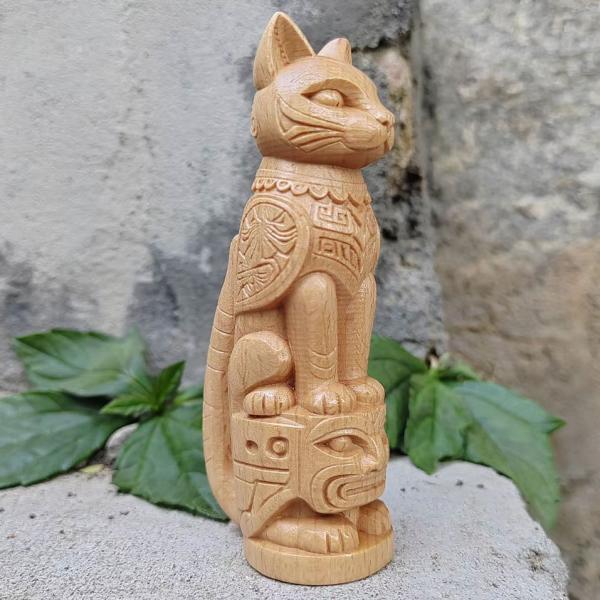 猫 トーテム 手彫り 木製猫 スタチュー 守護神 スピリチュアル 9.8cm 木彫り 天然木 オーナメント