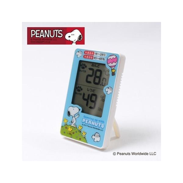 大きな文字盤で見やすいスヌーピーのデジタル温湿度計SN-011。スヌーピーの足跡で快適な温度と湿度の状態をお知らせしてくれます。シンプルで見やすいデシタル温湿度計。小型・卓上サイズながら文字サイズ（文字の高さ）は2cm。温湿度の数値が快適状...