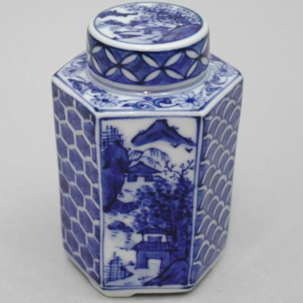 煎茶道具 茶入 京焼き 染付 山水 六角 高野昭阿弥作 茶心壷 茶心 煎茶道具 茶入 京焼き 染付 山水 六角 高野昭阿弥作 茶心壷 茶心