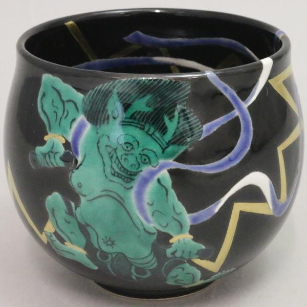 茶道具 抹茶茶碗 御題 光 黒仁清 稲光 雷神 通次阿山作 茶道 茶道具 抹茶茶碗 御題 光 黒仁清 稲光 雷神 通次阿山作 茶道
