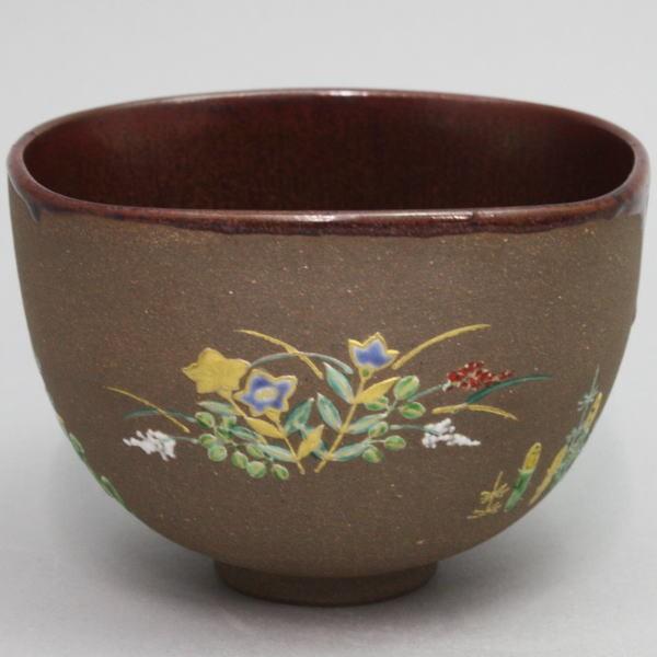 茶道具 抹茶茶碗 天目釉 四季草花 四方 通次嵩山作 茶道