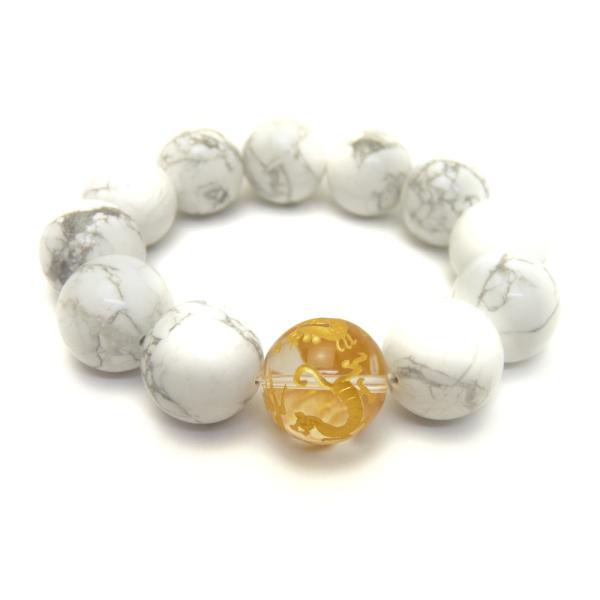 20mm 水晶金彫り四神獣＆ホワイトハウライト 大玉ブレスレット 数珠