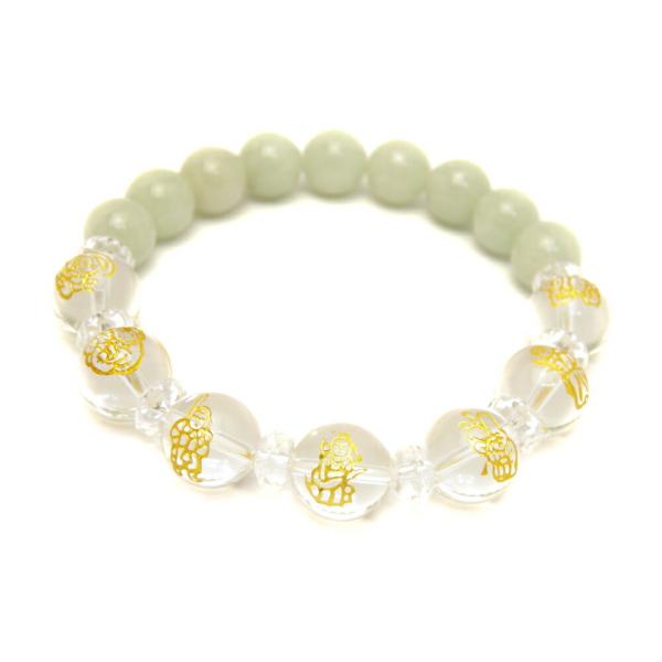 水晶 金彫り 七福神12mm＆翡翠10mm玉オリジナルブレスレット 数珠
