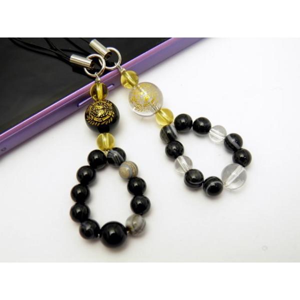 戦国武将ストラップ オニキス 水晶 金彫り家紋 伊達政宗 パワーストーン携帯ストラップ 天然石 パワーストーン