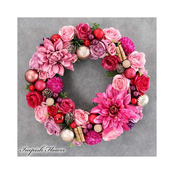 クリスマスリース 壁掛け 33cm 豪華 クリスマス リース ピンク おしゃれ 造花 フラワーリース W-1084