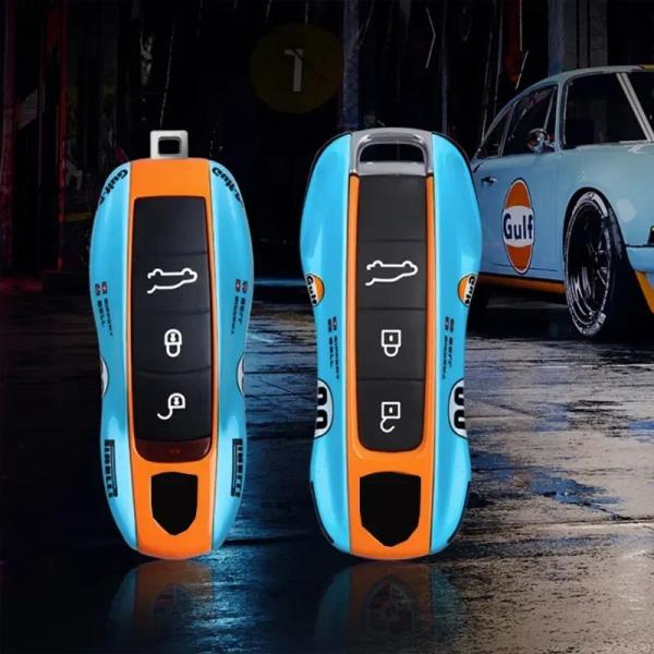 ポルシェ マカン カイエン 718 パナメーラ 911 用 改造車キーケース カバー キーホルダー アクセサリー ガルフメモリアルバージョン 輸入品