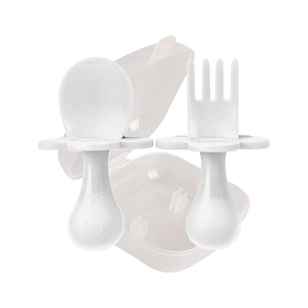 商品名: Grabease 初めてのセルフフィード用具 スプーンとフォークのセット 幼児と赤ちゃん用 BPAフリー。 携帯用ポーチ ホワイト 4 Grabease Toddler Utensils Toddler Spoons and Fo...