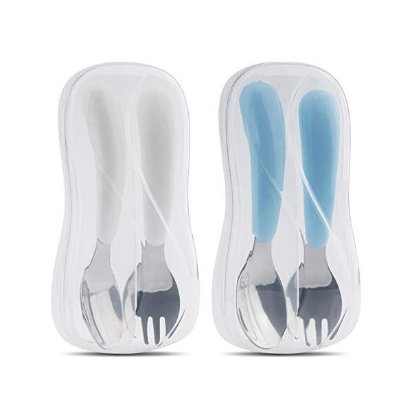 商品名: 赤ちゃんのお口サイズ フォークとスプーンセット 100％食品グレード ベビー用品セット 幼児用 （トラベルケース付き） (ホワイト＆アクア) Kirecoo 2 Set Toddler Utensils, Toddler Fork...