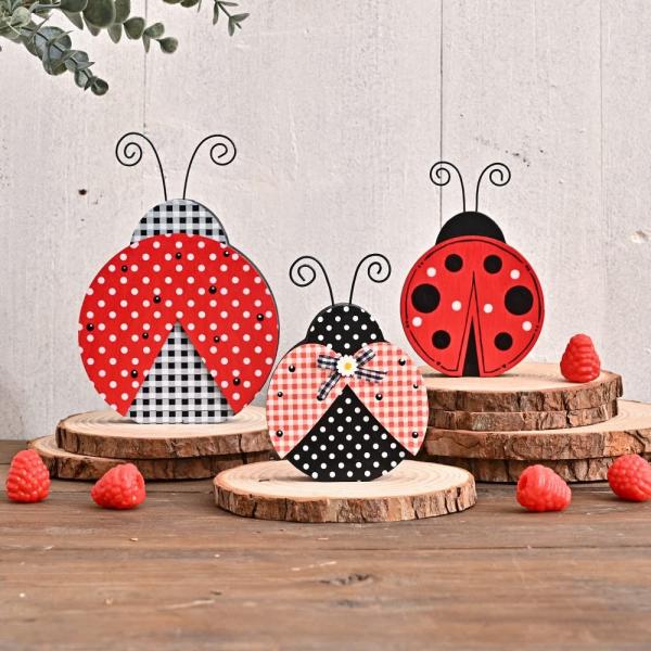 商品名: MEKOUZON 素朴なテントウムシの木製看板、3パック木製ブロックテーブルセンターピース装飾、イースター 春 夏 マントルテーブル用装飾 テーブルトップ 階層トレイ パーティー Spring Decorations for th...