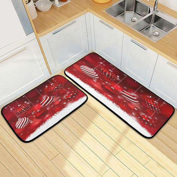 【並行輸入品】Christmas Balls Red Kitchen Rugs 2 Pieces, Snow Floor Mat Room A