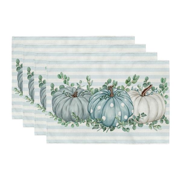 商品名: ARKENY 秋 感謝祭 プレースマット 12x18インチ 4枚セット ブルーパンプキン ポークドット 季節の黄麻布ストライプ ファームハウス 屋内 キッチン ダイニングテーブル 秋の装飾 ホームパーティー用 AP182-18 A...