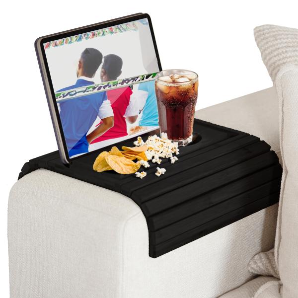 商品名: Decore 1949 ソファアームトレイ - 竹製 カウチ アームレスト カップホルダー 柔軟性 折りたたみ式 サイドテーブル 滑り止めベース マグカップ スナック 電話 タブレット PC リモコンに最適 ブラック Decore...