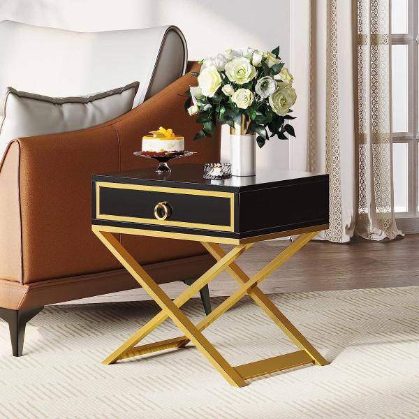 商品名HERNEST Nightstand Cabinet with Solid Wood Drawer Modern Midcentry Bedside Table Portable End Table Glam Steel Frame ...