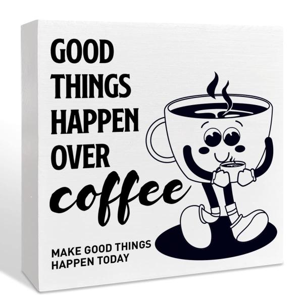 【並行輸入品】ファームハウスコーヒー木製ボックスサイン Good Things Happen Over Coffee キッチン ダイニングルーム